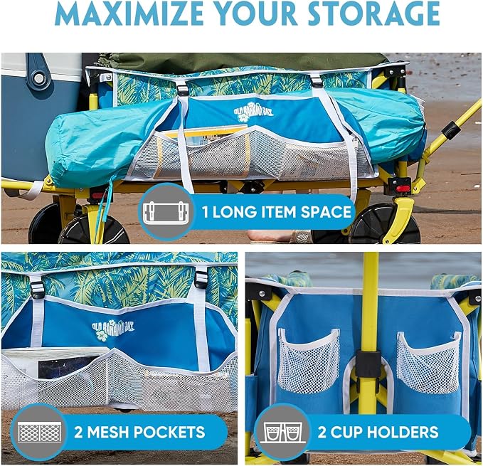 Old Bahama Bay Beach Wagon with Big Wheels for Sand, 330 LBS Heavy Duty Collapsible Beach Cart with Tailgate, Foldable Utility Wagon with Cup Holders & Side Pocket for Camping, Shopping, Garden, Blue