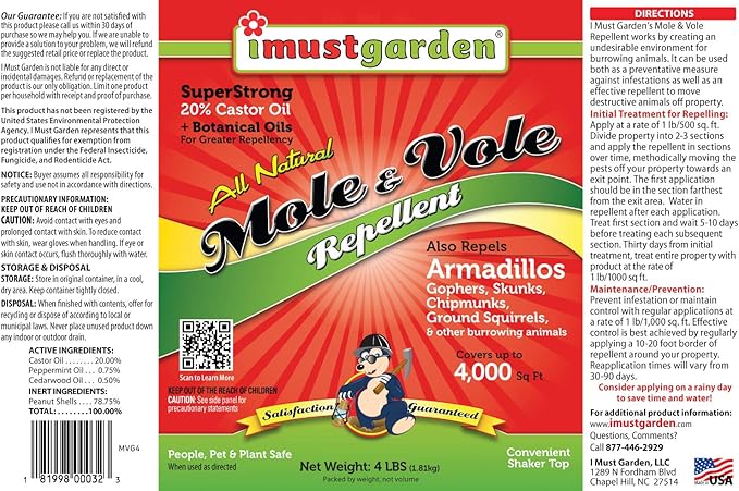 I Must Garden Mole & Vole Repellent: Professional Strength – Twice The Coverage – All Natural Ingredients – 4 lb. Shaker Jar