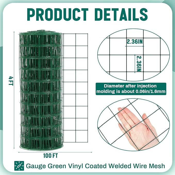 Gisafai 16 Gauge Galvanized Welded Wire Fence 4 ft x 100 ft PVC Coated Hardware Cloth, 2.36" x 2.36" Mesh, Heavy Duty Garden Fencing Roll for Chicken, Dog Yard, Deer Cattle & Animal Protection(Green)