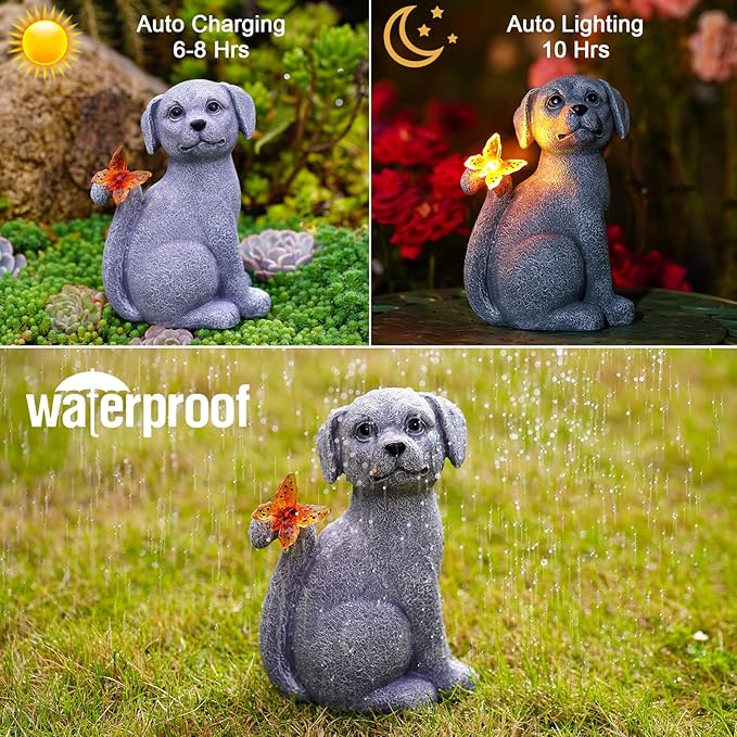 Nacome Solar Dog Outdoor Statues for Garden: Outside Decor with Butterfly Clearance for Yard Art Lawn Ornaments Patio Balcony Home House for Mom Grandma Women