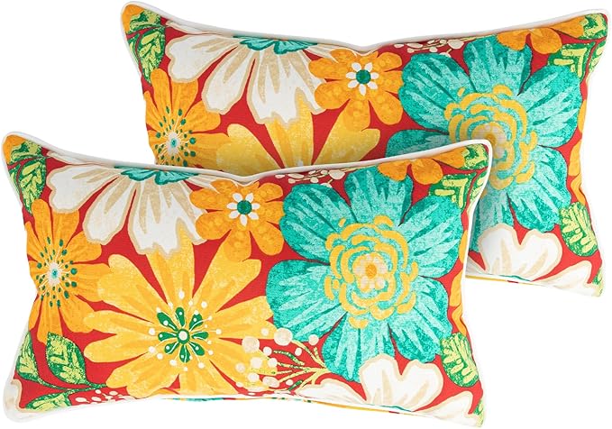 Magpie Fabrics Pack of 2 Outdoor Lumbar Pillow Case Covers 12"x20", Waterproof Rectangular Throw Pillowcase Shell Decorative Sham for Patio Garden Couch - Embry Red Hibiscus
