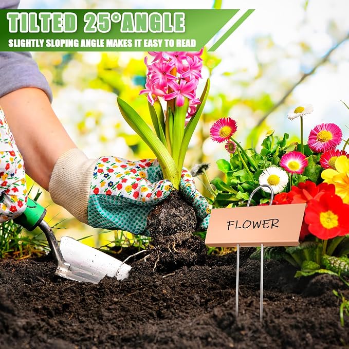 Maitys 62 Pcs Metal Plant Labels Garden Markers Outdoor Weatherproof 10.6 Inch Stainless Steel Nursery Tags Reusable Bulk with Pens for Flower Fruit Vegetable Seedling (Rose Gold Label with Black Ink)