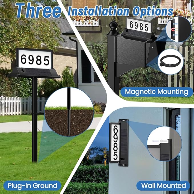 Solar Address Sign for House Numbers – Dual-Sided LED & Dual-Sided Solar Panels, 3 Color Modes, IP65 Waterproof Address Plaque, Strong Magnetic/Stake/Wall Mount, Dusk-to-Dawn for Mailbox Yard Driveway