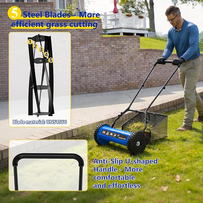18-Inch Reel Lawn Mower with Grass Catcher and Tool-Free Blade Adjustment, 5-Blade Manual Push Lawn Mower, 5-Position Height Adjustable