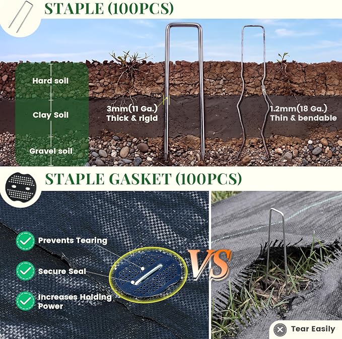 KING BIRD 6FTx300FT Weed Barrier Landscape Fabric w/Stakes & Gasket, 3.2oz Heavy Duty Woven Ground Cover Geotextile Fabric for Flower Garden Bed, Driveway, Pathway, Gravel & Yard Weed Control Mat