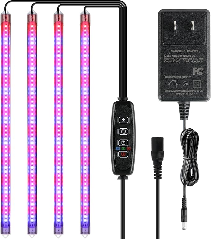 iPower LED Grow Light Strips Full Spectrum for Indoor Plants with Auto ON/Off 3/9/12H Timer, 10 Dimmable Levels 48 LEDs Per Tube, Sunlike Grow Lamp for Hydroponics Succulent, 1 Pack, Red&Blue, 4 Tubes