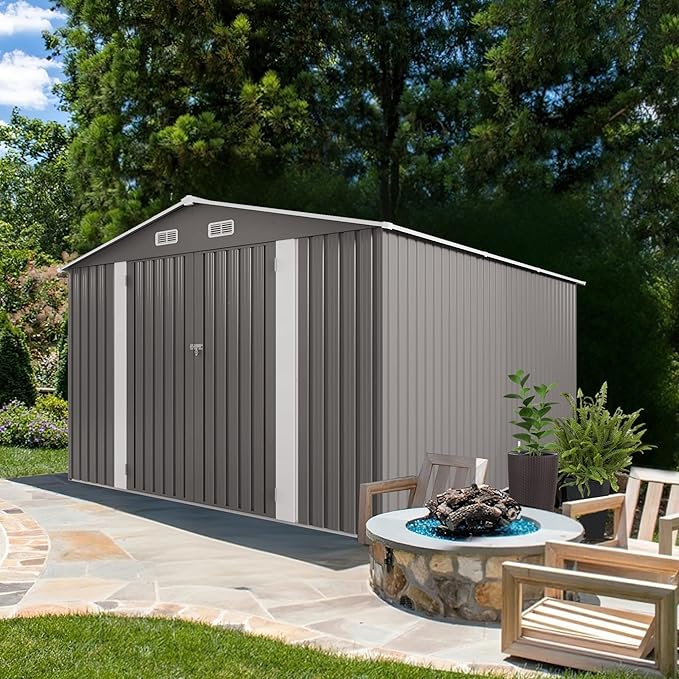 KEIKI 10x12 FT Outdoor Metal Storage Shed with Vent,2 Window and 2 Swing Door,Sloped Roof for Patio Backyard Bicycles