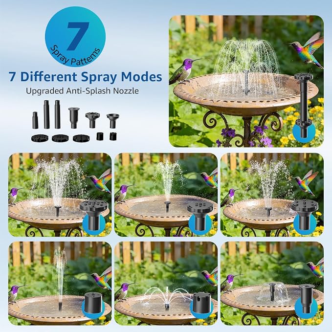 Solar Bird Bath Fountain Pump, 7.5W Outdoor Solar Water Fountain Pump for Bird Bath with 7+ Spray Modes & 5ft Tubing, DIY Solar Powered Water Pump for Garden, Ponds, Pool and Fish Tank