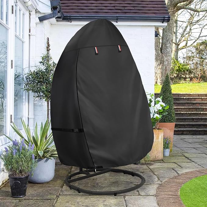 okcool Patio Hanging Egg Chair Cover, Waterproof Heavy Duty Outdoor Single Seat Swing Egg Chair with Stand Cover(Black,45″W x 33″D x 68″H)