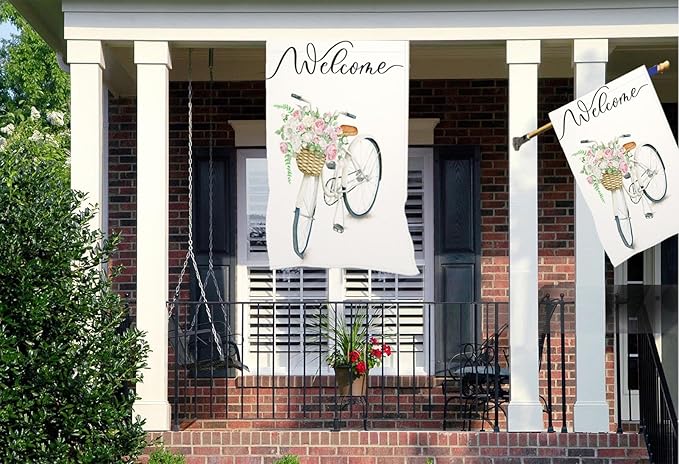 Mugod Bike House Flag Double Sided 28 x 40, Watercolor Wildflowers Spring Summer Burlap Large Flag House Seasonal Farmhouse Outside Outdoor Decoration