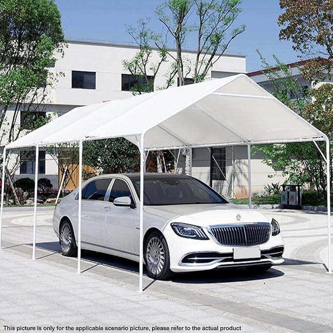 10 x 20 Ft Heavy Duty Carport Replacement Canopy Waterproof UV Protected Garage Top Shelter Tarp Tent Cover with 44 Ball Bungees Cords, Only Top Cover, White