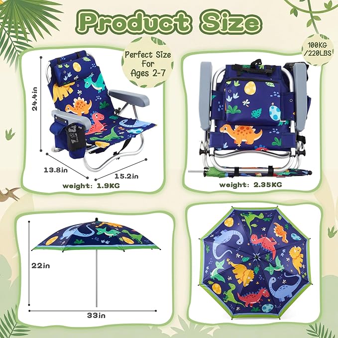 Yalikop Kids Beach Chair with 4 Positions Seaside Beach Chair with Umbrella Kids Folding Camping Seating for Boy Girls Children Sand Camping Travel Outdoor Summer Supply(Dinosaur Theme)
