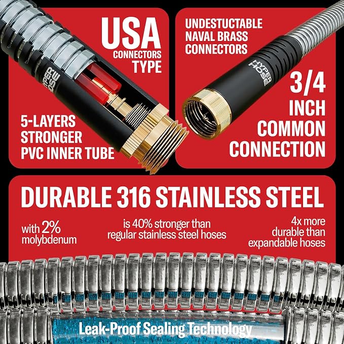 Best 100 ft Metal Garden Hose - No-Kink Durable 316 Stainless Steel, Spray Nozzle & Hook – Tough Flexible Heavy Duty Water Hoses, 5/8 in, Rust, Weather, LeakProof