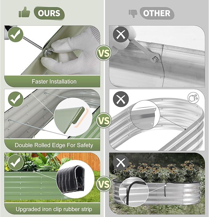 Galvanized Raised Garden Bed - 8x2x1.4FT Metal Planter Boxes Outdoor | Oval Steel Raised Bed Kit for Gardening with Protective Tape, Bracing Rods, Gloves for Vegetables, Flower, Herb (Green)