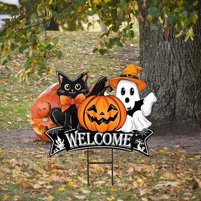 JarThenaAMCS Vintage Halloween Metal Garden Stake Pumpkin Ghost Black Cat Decorative Lawn Sign Welcome Yard Sign for Trick or Treat Party Home Outside Lawn Porch Decor