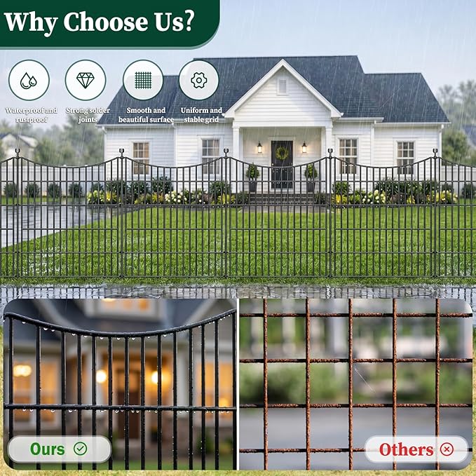 10 Panels Decorative Garden Fence with Gate, 32 in(H) X 23.6 ft(L) No Dig Dog Fence Animal Barrier Outdoor for Yard, Rustproof Metal Garden Edging and Borders, Temporary Fencing Stakes