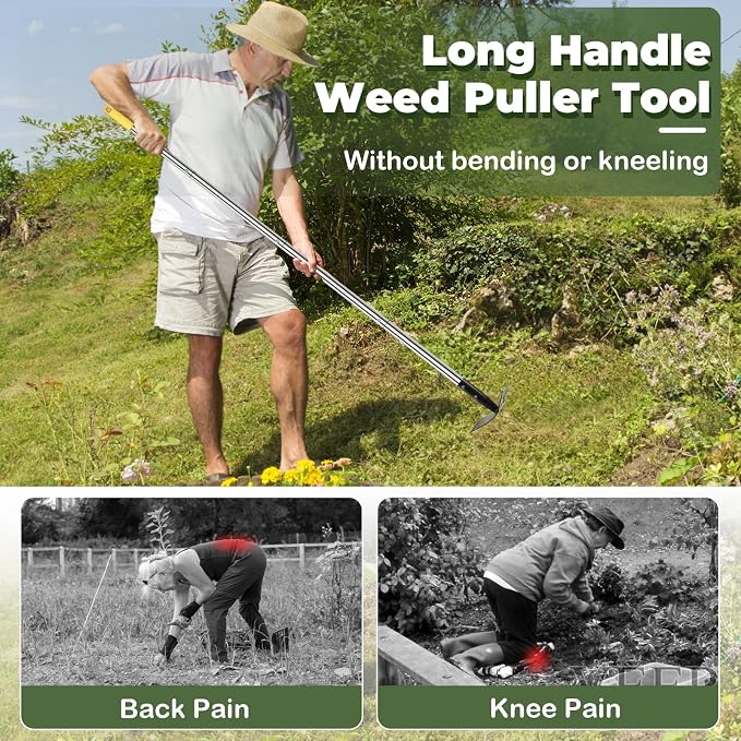 Weed Puller Tool with Long Handle, 60" Manual Weeding Tools Gardening, 2 in 1 Hand Weed Rake and Hoe Garden Weeder Tool, Uprooting Pulling Weed Remover Tool for Yard, Patio, Lawn and Garden (Yellow)