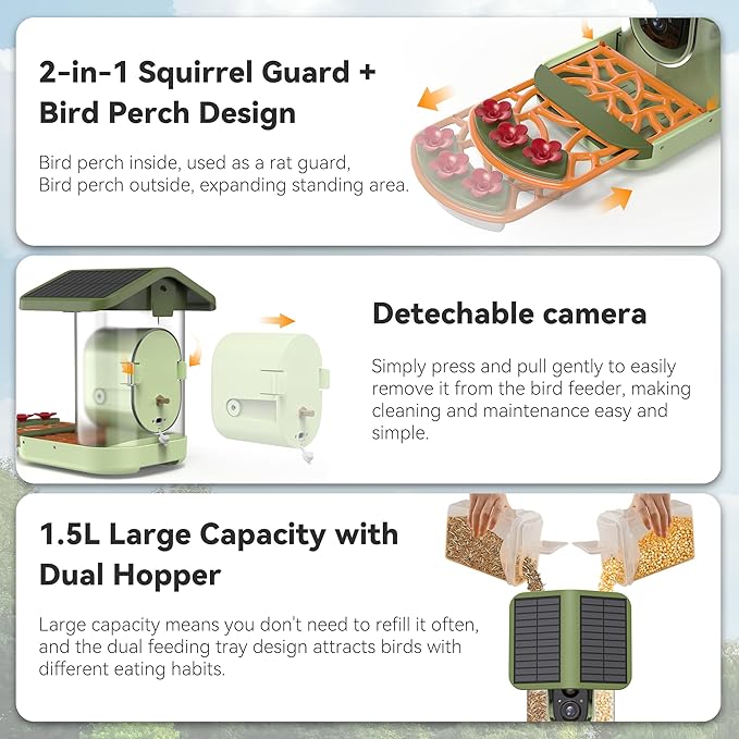 Rayki Solar Smart Bird Feeder with Camera, 2K HD Live Video with AI Identify Bird Species, Real-Time Motion Detection, Outdoor Watching Birdhouse