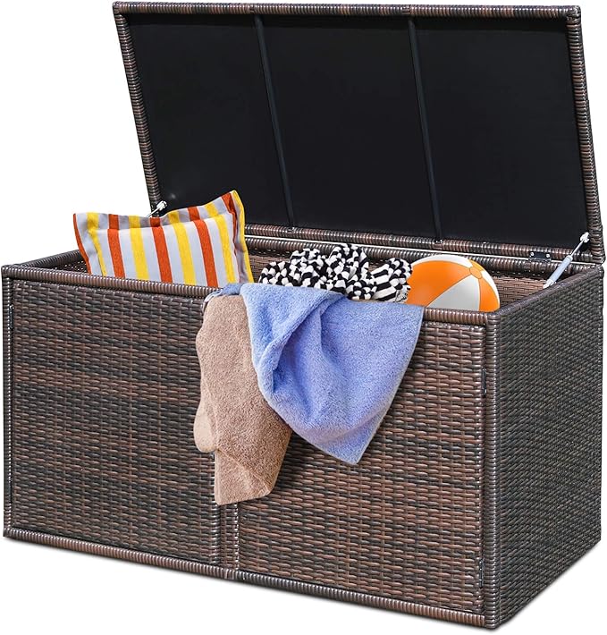 Tangkula 73 Gallon Outdoor Wicker Storage Box, Garden Deck Bin with Steel Frame, Rattan Storage Box with Lid, Ideal for Storing Tools, Accessories
