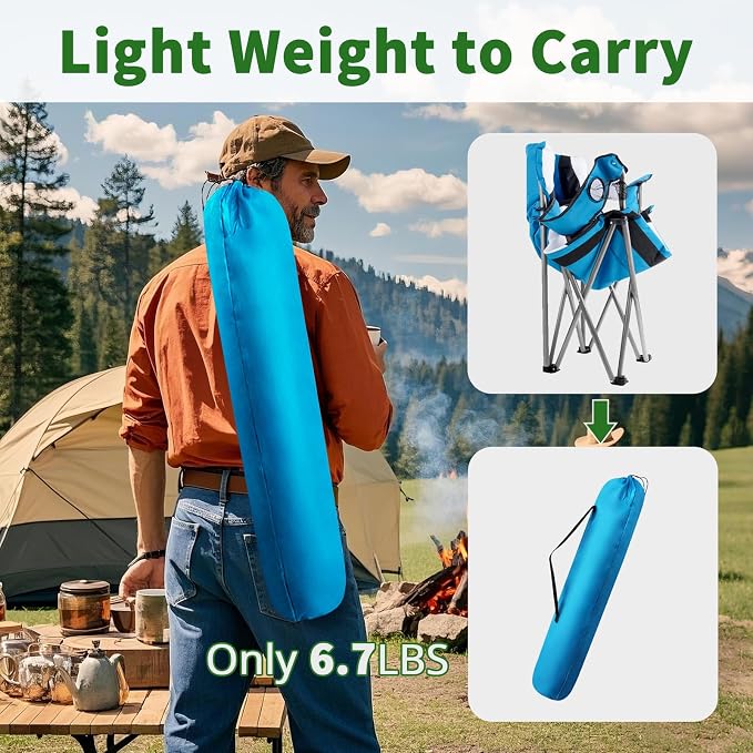 Camabel Folding Camping Chairs Oversized Heavy Duty Padded 400 LBS Beach Chair Portable Outdoor Lawn Chairs with Cup Holder Carry Bag for Sporting Hiking Picnics Fishing Deep Lake Blue
