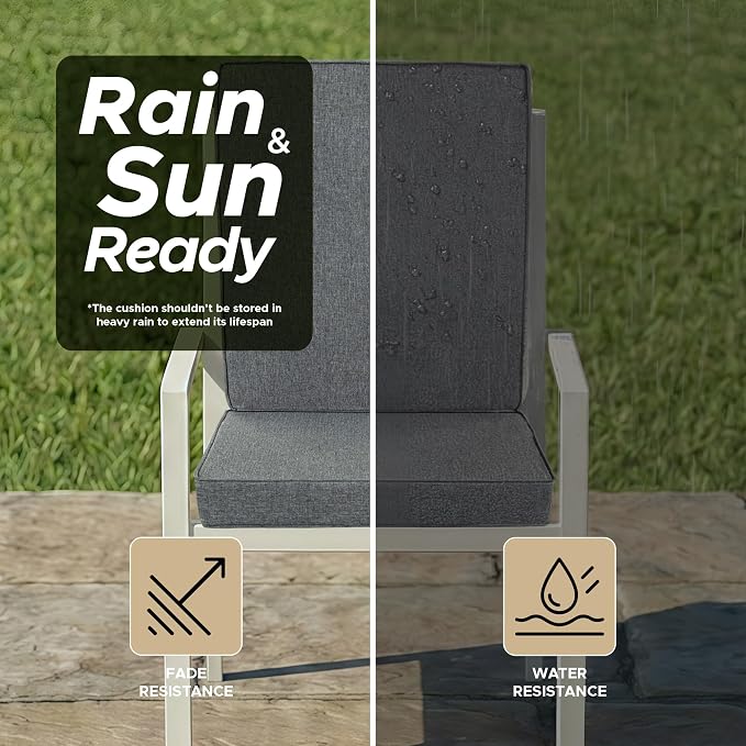 Outdoor Chair Cushions, Water-Resistant & Fade-Resistant, Patio Furniture Lawn Dining Chair Seat Replacement with Mid Back, Ties Zipper, Removable Cover, 18 x 16.5 Inch, Set of 2, Dark Grey