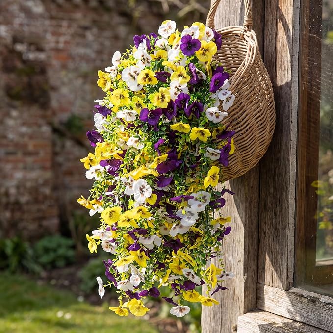 Giegxin 12 Pcs Artificial Hanging Pansy Flowers, 30 Inch Faux Pansies UV Resistant Plastic Hanging Plants for Outdoor Spring Summer Decor, for Porch Patio Garden Window Home (Yellow,White,Purple)
