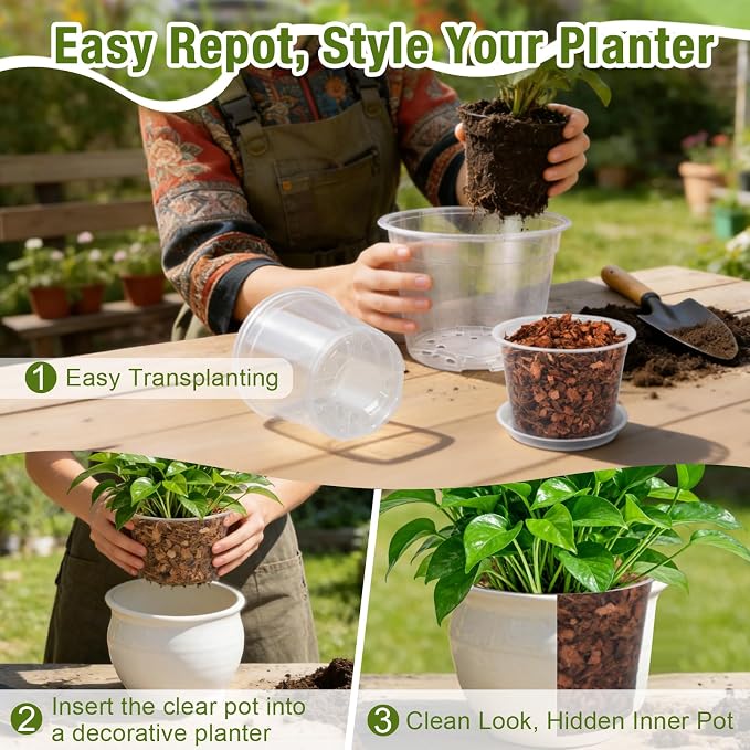6 Inch Clear Nursery Pots with Drainage and Saucers, 15 Pack Large Clear Plastic Nursery Pots for Plants, Seedling Plant Pots for Repotting and Growing Plants, Flowers & Vegetables (6 inch)