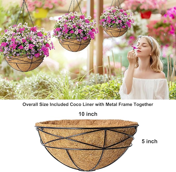 2 Pack 10 Inch Hanging Planters for Outdoor Plants Metal Wire Flower Baskets with Natural Coconut Liners for Garden Planting Decor
