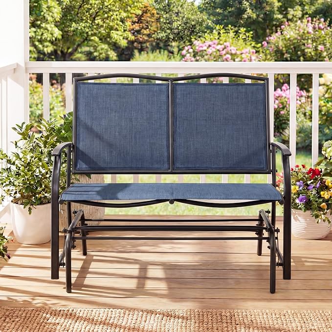 Giantex Outdoor Glider Bench, Patio Glider Bench for Outside, Steel Frame, 400 Lbs Capacity, Ergonomic Swing Rocking Chair Loveseat, 2-Person Porch Swing Rocker for Backyard, Lawn, Balcony, Dark Blue