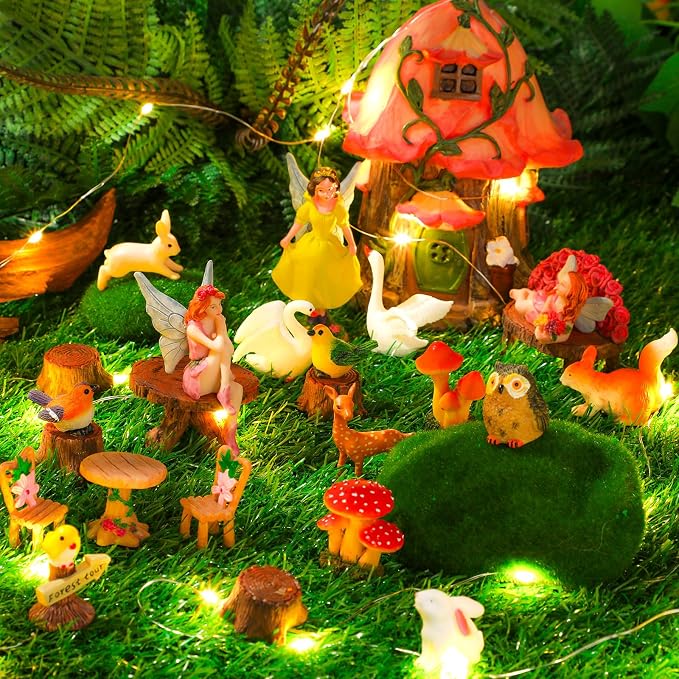 Soaoo Fairy House Garden Figurines Kit Summer Garden Decor Elves Decoration Outdoor Ornaments Animals Butterfly Fairy Mushroom Party Supplies DIY Micro Landscape Dollhouse