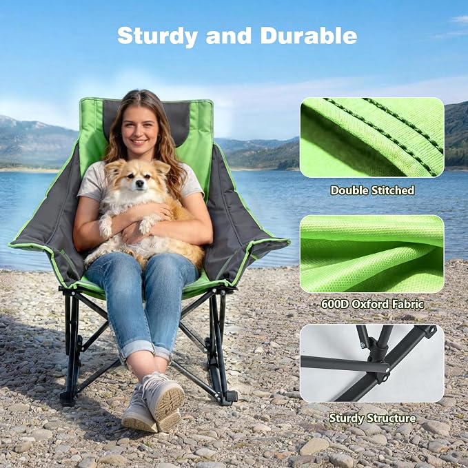 SUNNYFEEL Oversized Rocking Camping Chair, Fully Padded Patio Chair with Side Pocket, High Back Portable Lawn Recliner with Headrest, Outdoor Camp Rocker Chairs for Adults Heavy Duty 500 LBS Carry Bag