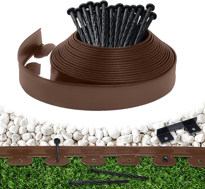 Landscape Edging Border 33 FT 2 Inch Tall with 60 Spikes, Plastic Edging for Landscaping, Garden Edging Border， Flower Bed, Paver and Lawn Edging Border, Brown