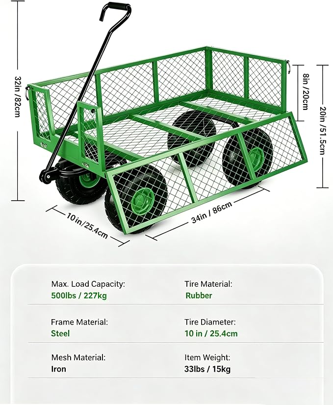 GarveeLife Heavy Duty Steel Garden Cart 500 LBS Capacity 3 in 1 Pullable Garden Wagon with 10 in Wheels for Gardening Soil, Tools, and Plant Transport