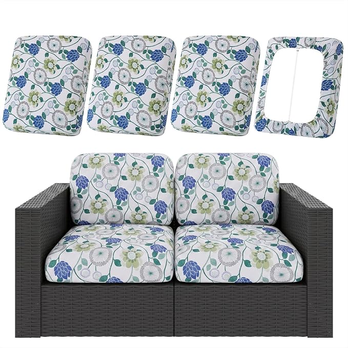 hyha 4Pcs Patio Cushion Covers, Stretch Outdoor Couch Cushion Covers, Washable Outdoor Chair/Sofa Slipcovers for Patio Furniture Cushions Protector with Elastic Bottom(Botanical Bloom,Cover Only)