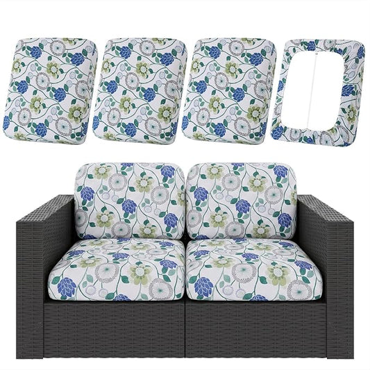 hyha 4Pcs Patio Cushion Covers, Stretch Outdoor Couch Cushion Covers, Washable Outdoor Chair/Sofa Slipcovers for Patio Furniture Cushions Protector with Elastic Bottom(Botanical Bloom,Cover Only)
