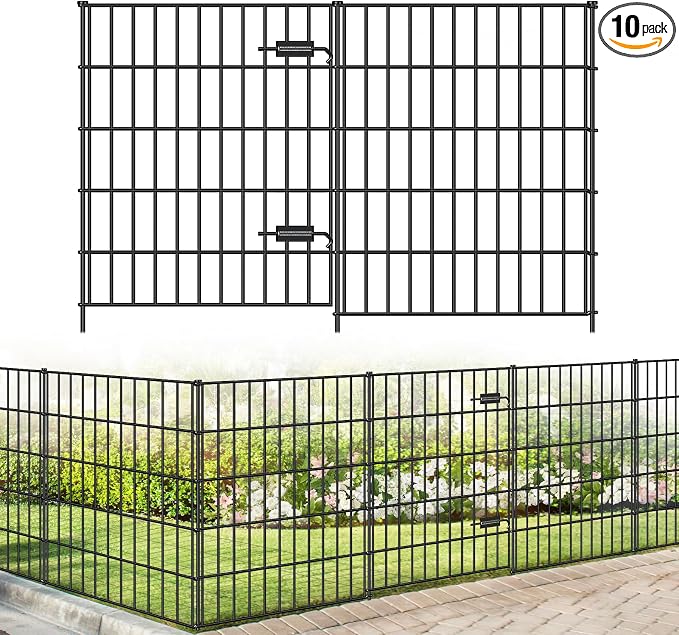 FOREHOGAR Metal Garden Fence with Gate 33.3in (H) x 23.3ft (L), 1 Gate + 9 Panels Dog Fence Border Fence Animal Barrier, No Dig Garden Fencing for Yard Flower Bed Lawn Patio Outdoor, PIN332810G Black
