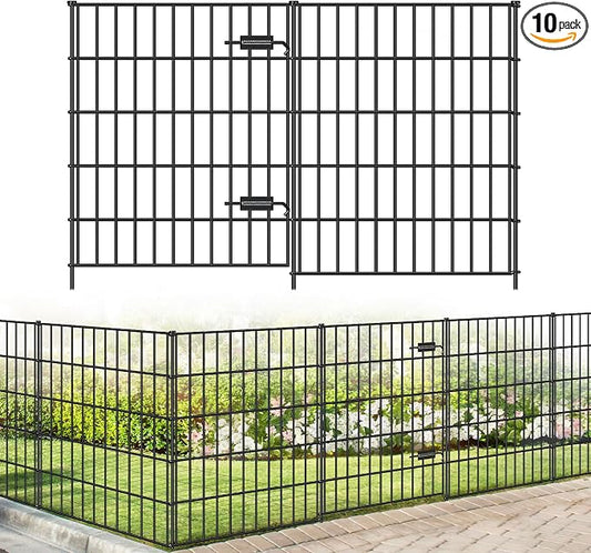 FOREHOGAR Metal Garden Fence with Gate 33.3in (H) x 23.3ft (L), 1 Gate + 9 Panels Dog Fence Border Fence Animal Barrier, No Dig Garden Fencing for Yard Flower Bed Lawn Patio Outdoor, PIN332810G Black