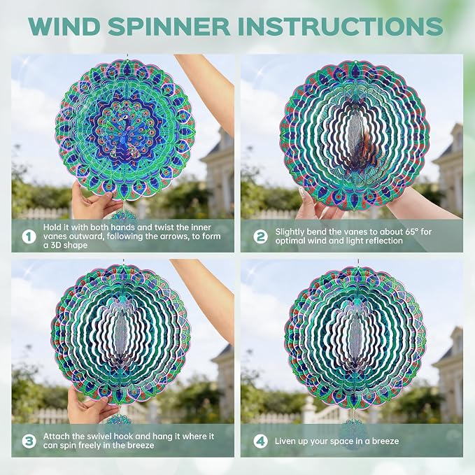 Peacock Wind Spinners Outdoor for Mother's Day, IDEA SHOW 12In Stainless Steel Wind Spinners, 3D Kinetic Hanging Sculpture, Rustproof Metal Garden Decor Ornaments for Yard Art, Women, Men, Holidays