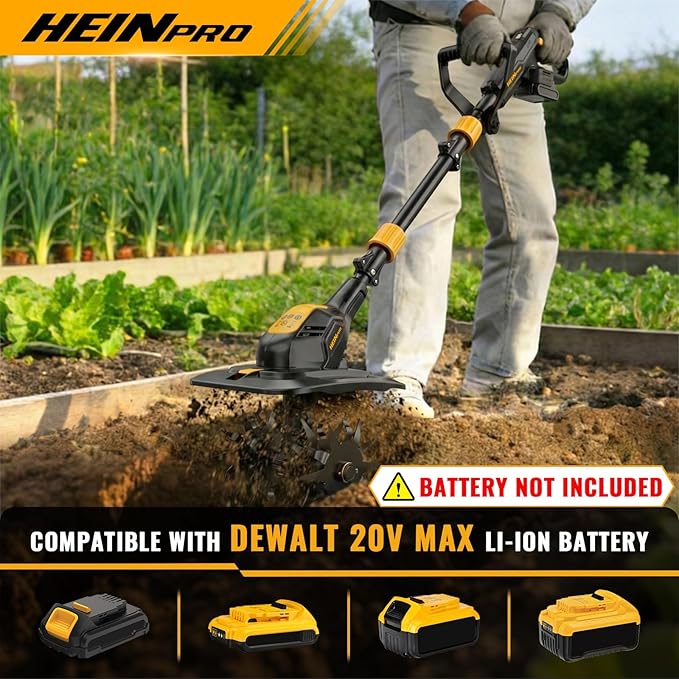 HEINPRO Cordless Tiller Cultivator Compatible with Dewalt 20V MAX Battery, 9In Tilling Width & 7In Depth Electric Tiller for Gardening, 360RPM Rototillers for Garden Cultivator (Tool Only)