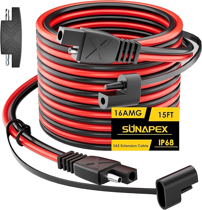 SUNAPEX SAE to SAE Extension Cable: 16 AWG 15 FT Pure Copper Cord - Waterproof Quick Disconnect Wire Connectors with Polarity Reverse Adapter Dust Caps for Automotive, Solar Panel, RV, Battery Charger