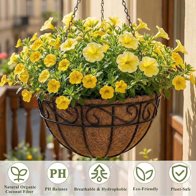 2 Pack Hanging Baskets for Plants Outdoor 14 Inch Metal Hanging Planters with Coco Coir Liner, Round Hanging Flower Pots for Home Garden Patio Balcony Porch