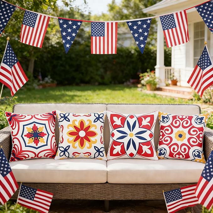 Pyonic 4th of July Outdoor Pillows Waterproof Throw Pillow Covers Set of 4 Red Blue White Floral Printed Patriotic Outdoor Pillow Covers for Patio Funiture Garden 18x18 Inch-Double Side
