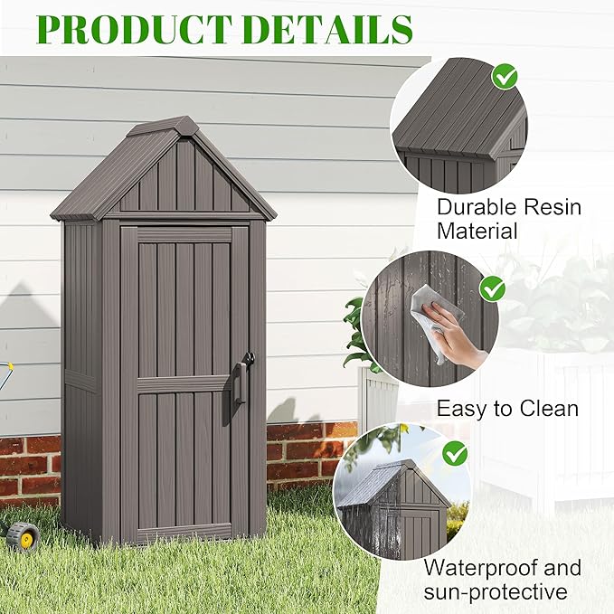Vertical Outdoor Storage Shed, Waterproof Resin Outdoor Storage Cabinet with Removable Shelves & 12 Hooks, Lockable Small Tool Shed for Garden, Backyard, Patio, Pool, Classic Gray