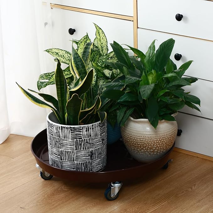 Planterhoma 3 Packs 20 inches Metal Plant Caddy with Wheels Extra-Large Rolling Plant Stand Heavy-Duty Iron Plant Dolly Casters for Indoor Outdoor Flower Pot Mover Roller Coasters, Dark Coffee