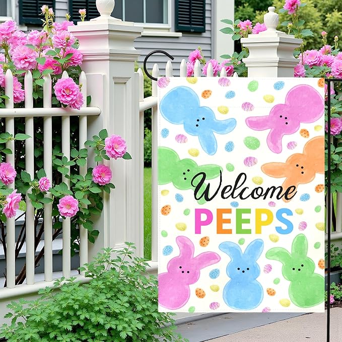 Welcome Peeps Easter Garden Flag for Outdoor Spring Cute Bunny Egg Pattern Double Sided Yard Banner Holiday Welcome Rabbit Flags Waterproof Seasonal Home Hare Decor for Porch Lawn 12x18 Inch