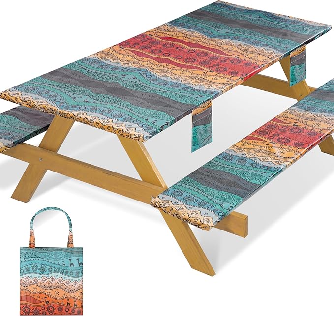 Fitted Waterproof Picnic Table Cover with Bench Covers Heavy Duty Elastic Outdoor Camping Tablecloth for 6 Foot Rectangle Tables Summer Rv Accessories Patio Garden Road Trip Essentials Gifts
