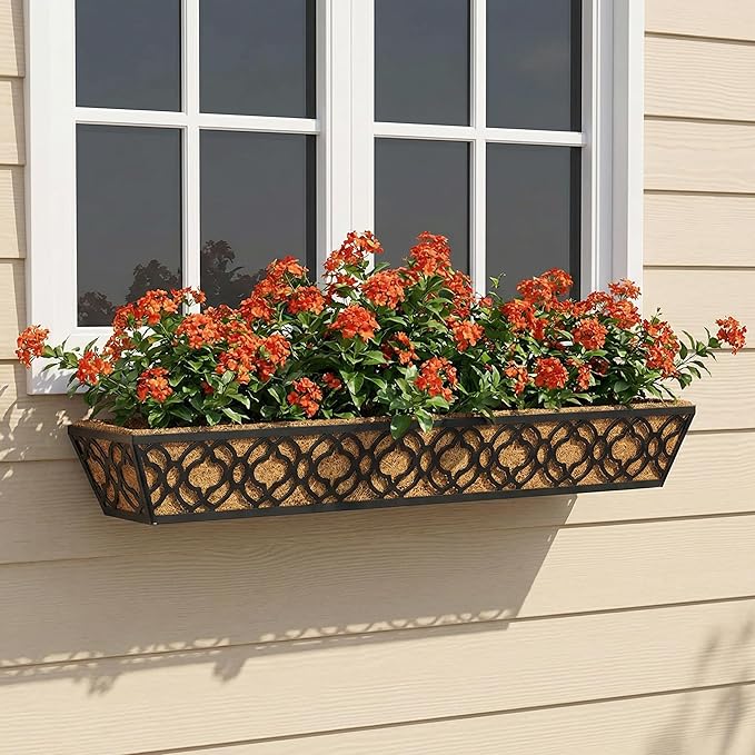 Y&M 36'' Deck Railing Planter Set with Coco Coir Liner, Large 4 Pcs Metal Deck Railing Planter Window Boxes for Outdoor Balcony, Porch, Patio, and Fence Rail