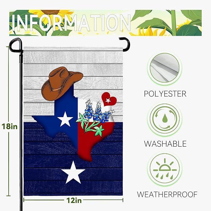Texas Bluebonnet Garden Flag Cowboy Hat Texas State Yard Flag Americana Western Garden Flags Polyester Double Sided for Outdoor Lawn Yard Patio Deck Porch Welcome Banner Gift 12 x 18 Inch