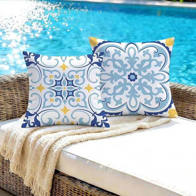 NIGHTWISH Outdoor Waterproof Pillow Covers 20x20 Set of 4 Blue Boho Decorative Outdoor Throw Pillows Floral Cushion Cases for Patio Furniture Bench Couch Sunbrella