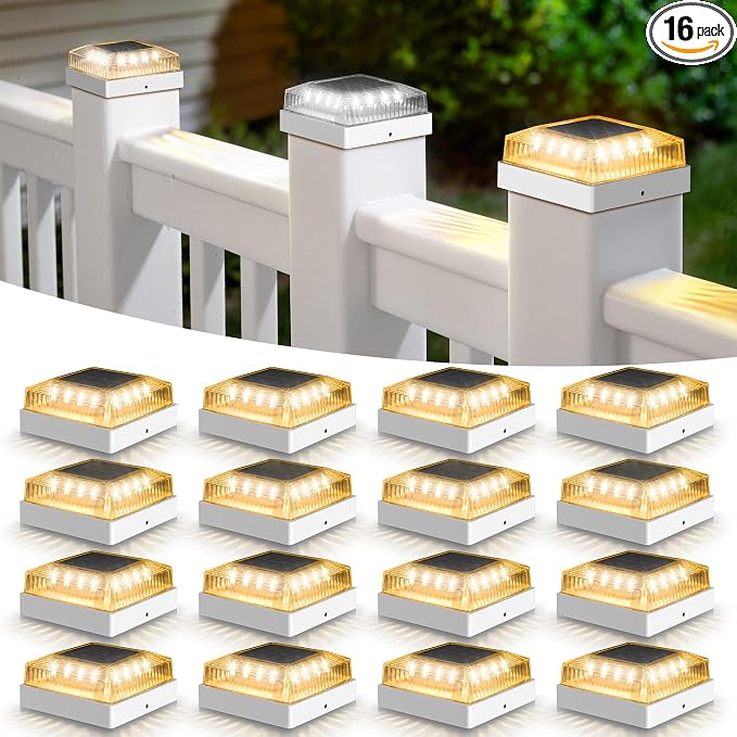 Solar Post Cap Lights, 16-Pack Fence Post Solar Lights for 4x4 Wood/Vinyl Posts, IP65 Waterproof, 10-12 Hours of Illumination with 3 Lighting Modes for Garden/Patio/Porch - White